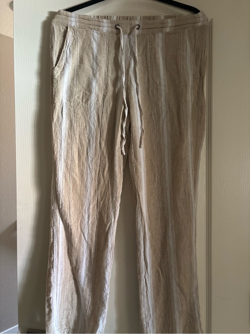 Casual Drawstring Linen-Blend Pants in Beige Stripe